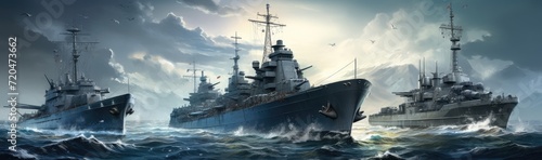 Valokuva A colossal naval confrontation unfolds on the vast expanse of the open sea
