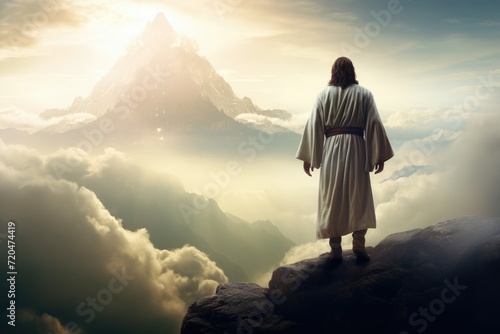 Jesus Christ on the mountain, Back view of Jesus Christ standing on the mountain in heaven. Concept of spiritual faith in God in Christianity and Catholicism, Ai generated