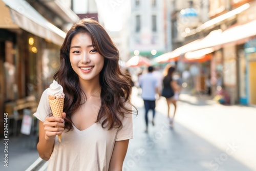 Portrait of beautiful asian woman eating ice cream on the street. Emotional asian woman wearing casual clothing holding tasty summer dessert