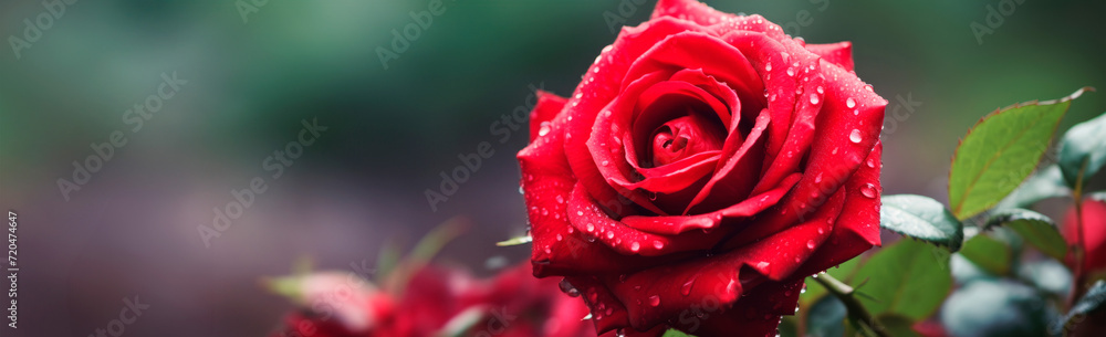 Close-up of a bright red rose with dewdrops on a green background with soft focus, showing the intricate details of the petals and the freshness of the flower. Romantic background. Valentine's Day. Close-up of a bright red rose with dewdrops on a green background with soft focus, showing the intricate details of the petals and the freshness of the flower. Romantic background. Valentine's Day.