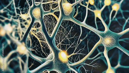 Structure of neural tissue consisting of neurons  nerve cells. Cell neurons with electrical impulses. Luminous synapse. Dendrites of neurons. Neural network. Network of neurons. Neuronal connections