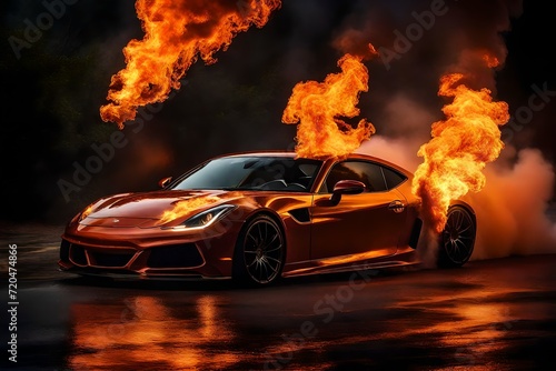 Craft a visually striking the intense drama of a Car engulfed in ethereal flames.   