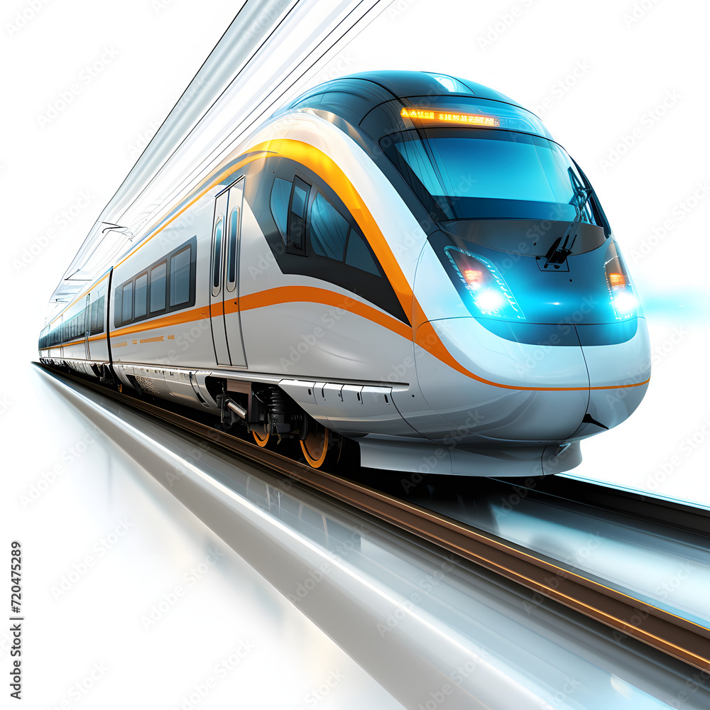High-speed train in motion isolated on white background, simple style, png
