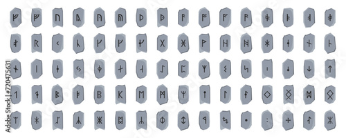 Runes on stones. A collection of runic letters on stones that were used in Germanic languages. Ancient magical signs of northern culture. Vector illustration.