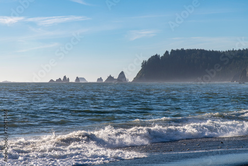 View of waves crashing on Rialto beach on coastal stretch of Olympic National Park, WA, USA with large number of sea stack rock formations in the ocean
