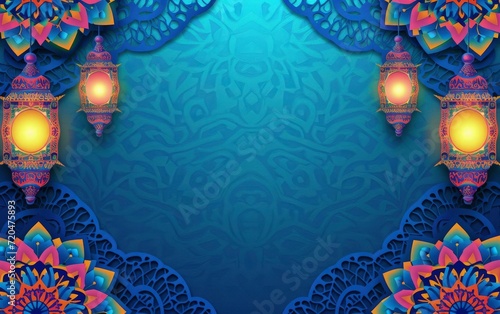 eid mubarak colorful greeting background, blue paper and colorful mandala with ramadam lantarn  photo