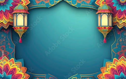 eid mubarak colorful greeting background, blue paper and colorful mandala with ramadam lantarn 