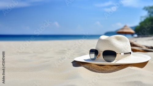 Sunglasses and straw hat lying on the sand on a beach against the sea. holiday concept
