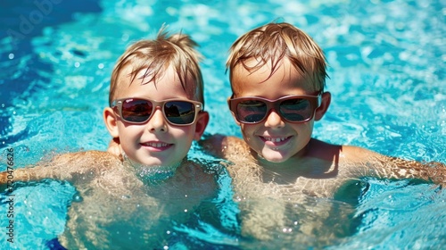 Twin Boys Enjoying Pool Time in Sunglasses