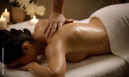 Beautiful young woman lying on massage bed in spa salon  relaxing atmosphere  flowers  candles  essential oils