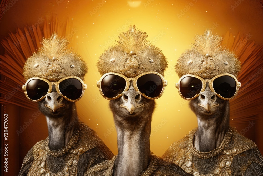 Trio of Chic Emus with Golden Sunglasses