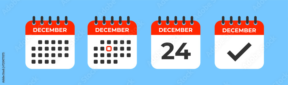 Calendar icon. December month, 24 day. Important date. Schedule done. Check mark graphic. Event day. Deadline time. Vector illustration. Calendar icon. December month, 24 day. Important date. Schedule done. Check mark graphic. Event day. Deadline time. Vector illustration.