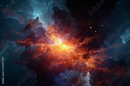 Explosion of stars, plasma and gas forming clouds in the vastness of outer space. Generative AI