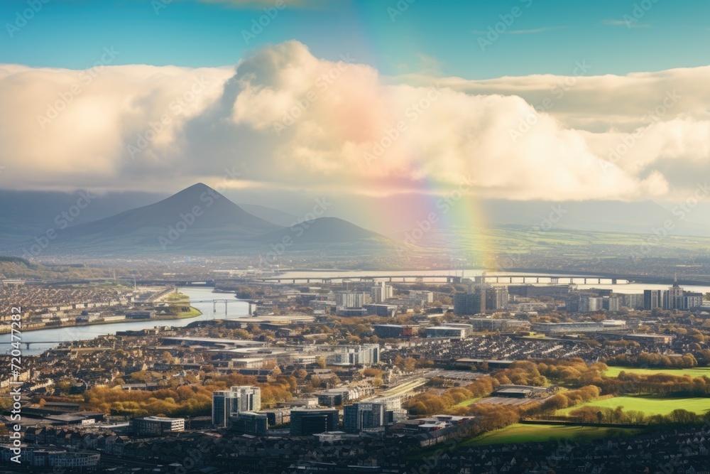 Rainbow Over Mountainous Cityscape