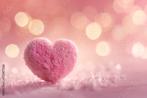 Pink heart on snow with bokeh background. Valentine's day concept. copy space