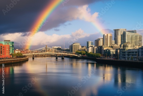 Rainbow Arching Over Urban River