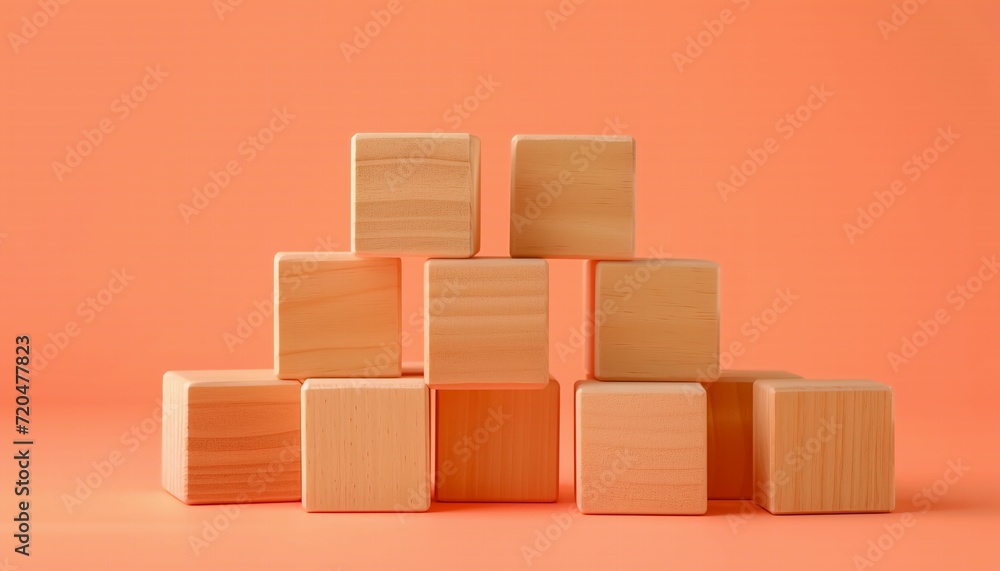 Blank wooden blocks stand side by side against a pastel peach fuzz orange background. Blank wooden blocks stand side by side against a pastel peach fuzz orange background.