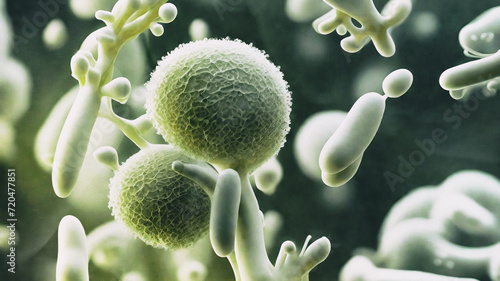 Bacteria, fungi, mold, and yeast on a dark background - candida yeast, of yeast fungi, yeast mushrooms, bifidobacterium image. 3d images of candida yeast, scientific nanotechnology, medical concept