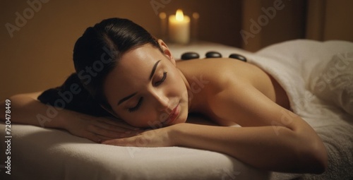 Beautiful young woman lying on massage bed in spa salon, relaxing atmosphere, flowers, candles, essential oils