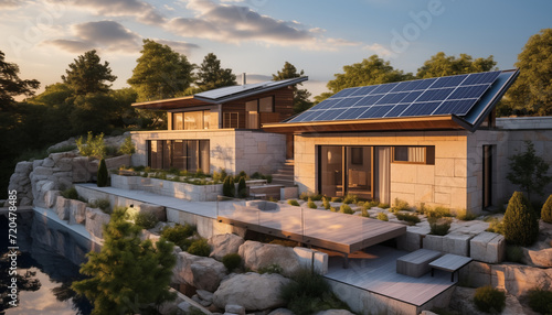 Casa lussuosa in pietra con impianto fotovoltaico photo