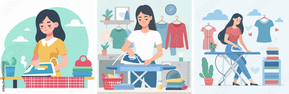 Vector girl ironing clothes
