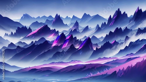 Sapphire Peaks Serenity: Blue Crystal Rock Mountains Shrouded in Misty Fog. Looping Animation. photo