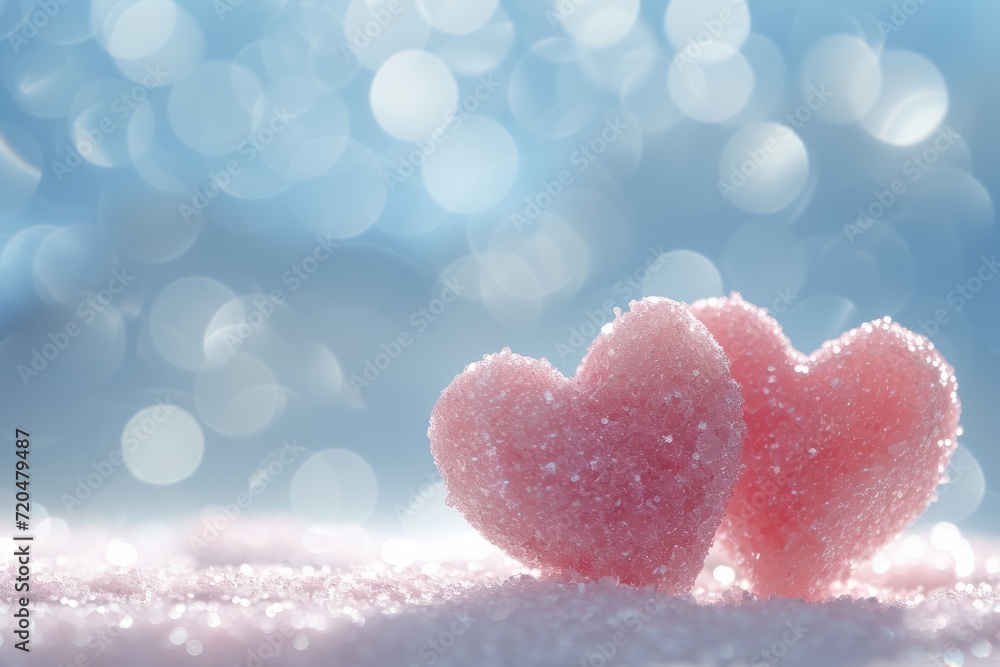 Valentine's day background with pink hearts on snow and bokeh lights. copy space