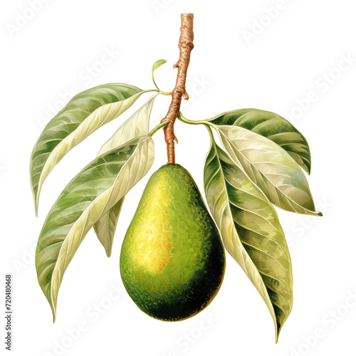 Botanical illustration of a whole avocado on a branch with leaves, PNG.
