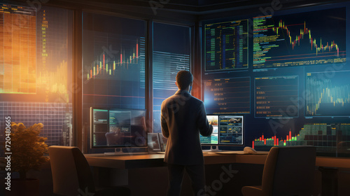 Bearded man trader wearing eyeglasses sitting at desk at office monitoring stock market looking at monitors analyzing candle bar price flow touching chin concerned trading concept