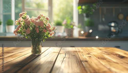 view of wooden dining table and flowers near the dining table and wooden background