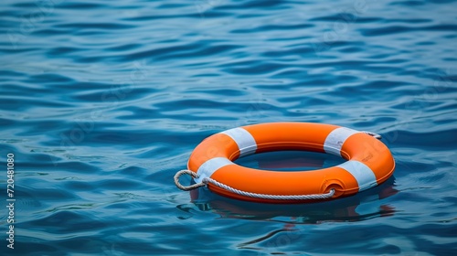 Water Safety, Orange Lifebuoy Floating in the Blue Sea