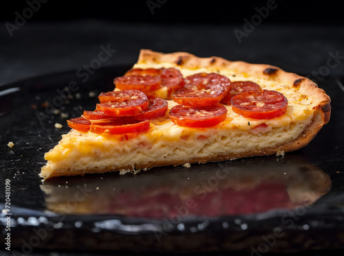 A slice of pepperoni pizza with stretching cheese on a black background