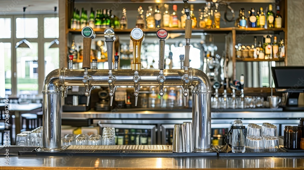 An industrial-style bar counter adorned with modern beer taps, catering to the contemporary beer connoisseur.