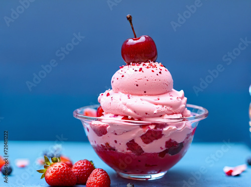 A serving of cherry ice cream topped with fresh berry in a glass sundae bowl against a soft blue background