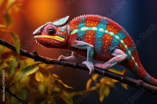 Colorful chameleon on a branch in the forest  Close up of bright chameleon on the branch on dark background  Ai generated