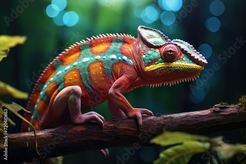 Colorful chameleon on a branch in the forest, Close up of bright chameleon on the branch on dark background, Ai generated