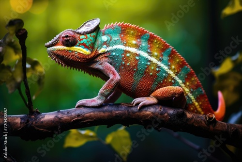 Colorful chameleon on a branch in the forest, Close up of bright chameleon on the branch on dark background, Ai generated