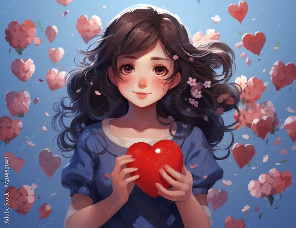 Girl in Blue Dress Holding Heart in Hand Valentine's Day Greeting Card or Invitation Amazing Digital Generated Illustration Background Girl in Blue Dress Holding Heart in Hand Valentine's Day Greeting Card or Invitation Amazing Digital Generated Illustration Background