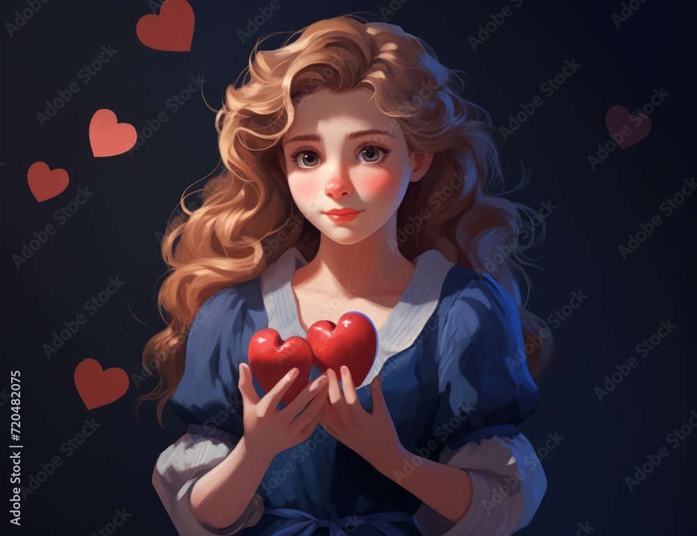 Girl in Blue Dress Holding Heart in Hand Valentine's Day Greeting Card or Invitation Amazing Digital Generated Illustration Background Girl in Blue Dress Holding Heart in Hand Valentine's Day Greeting Card or Invitation Amazing Digital Generated Illustration Background