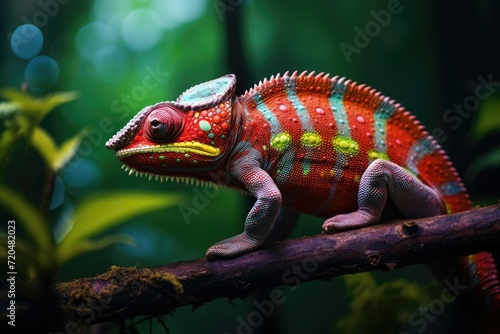 Colorful chameleon on a branch in the forest, Close up of bright chameleon on the branch on dark background, Ai generated © Tanu
