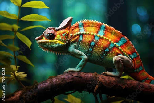 Side view of a colorful chameleon lizard on a branch  Close up of bright chameleon on the branch on dark background  Ai generated