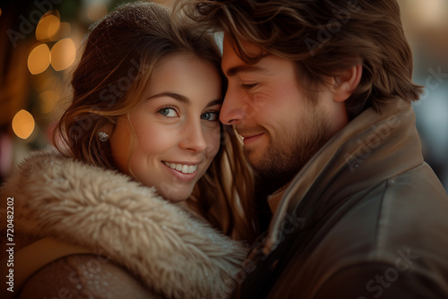 A close-up of a smiling, happy couple snuggled together, with a backdrop of golden bokeh lights on a winter evening.  © pprothien