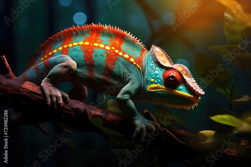 Side view of a colorful chameleon lizard on a branch, Close up of bright chameleon on the branch on dark background, Ai generated © Tanu