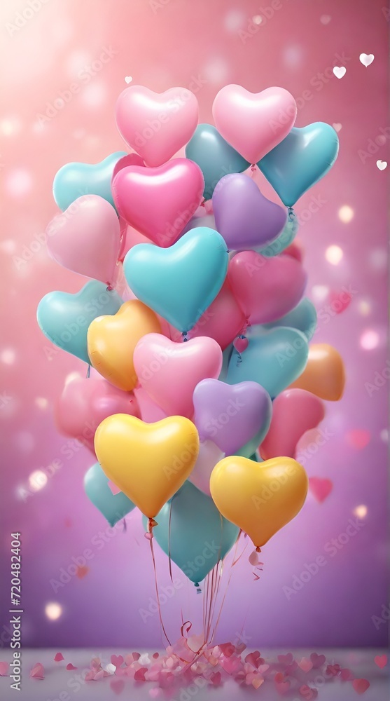 hear shaped balloons bunch-Pastel Heart Balloons Delight - Shiny Latex Texture, Perfectly Shaped Hearts, Bokeh Background, Teal Wall, Confetti Celebration - Valentines Day Elegance