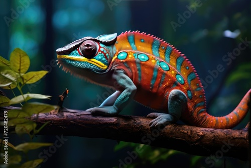 Colorful chameleon on a branch in the forest  Close up of bright chameleon on the branch on dark background  Ai generated