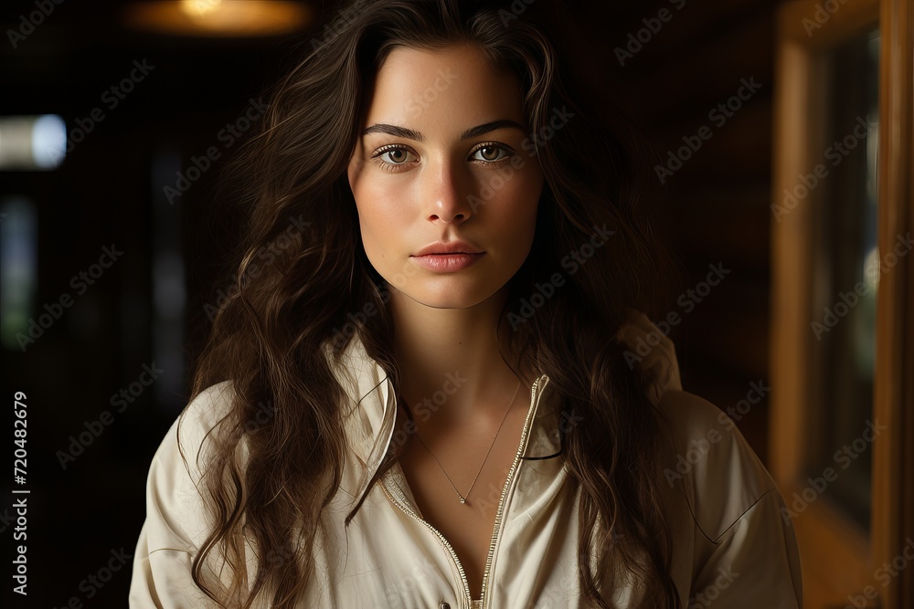 Fototapeta premium Young woman at home watching the camera with copy space for text and relaxing at home
