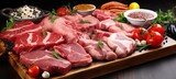 Title assorted fresh pork, beef, turkey, and chicken meat on wooden board