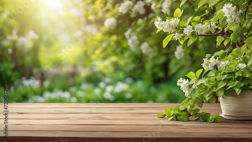 Spring beautiful background with green lush young foliage with an empty wooden table on nature outdoors in sunlight in garden. blur Green background, Product presentation and showcasing Generative AI