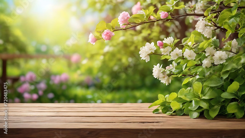 Spring beautiful background with green lush young foliage with an empty wooden table on nature outdoors in sunlight in garden. blur Green background  Product presentation and showcasing Generative AI