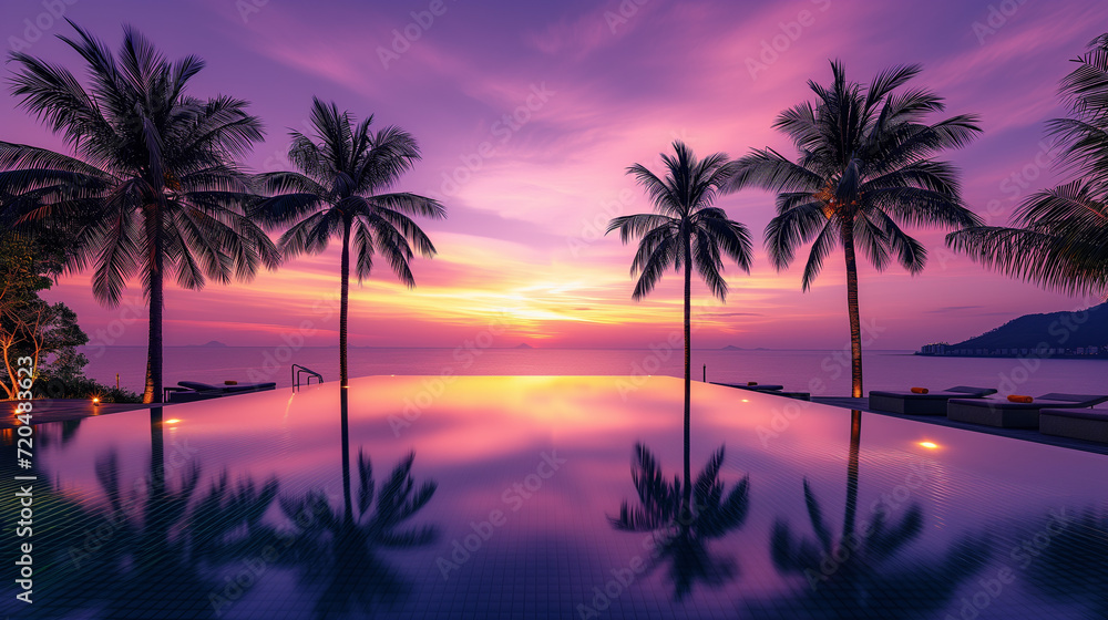 Infinity pool with sea view and violet sky Infinity pool with sea view and violet sky